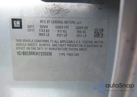 2017 Chevrolet Cruze Lt Auto from USA, damaged, VIN 1G1BE5SM6H7235036